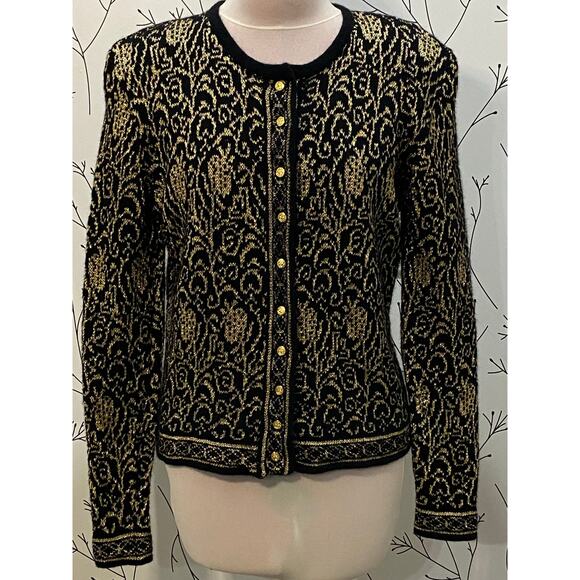 Vintage HERMAN GEIST Black Gold Button Cardigan Lambs Wool Angora MEDIUM Sparkle - Picture 2 of 6